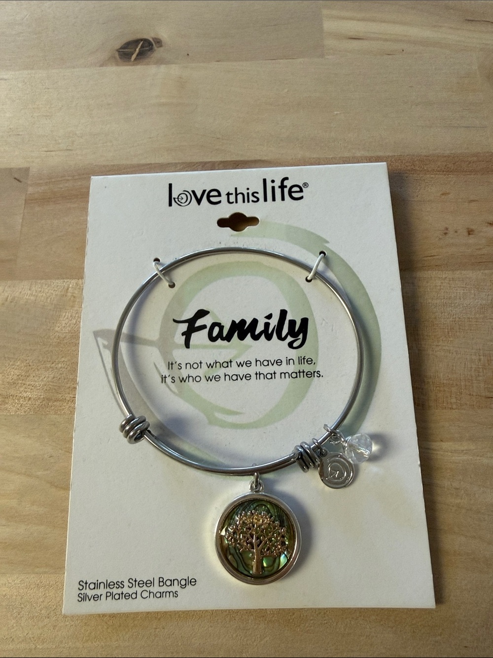 Family Silver Plated Tree of Life Bangle Bracelet - Green